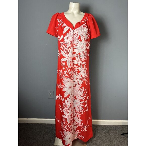 Vintage 70s Womens M Red/White Long Floral Print Hawaiian Maxi Dress Wedding - Picture 1 of 8